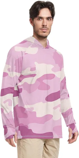 Lilac Camouflage Mens Hoodie Sun Protection Long Sleeve Sun Shirt with Hood UPF 50  Fishing Shirts UV Rash Guard with Hood