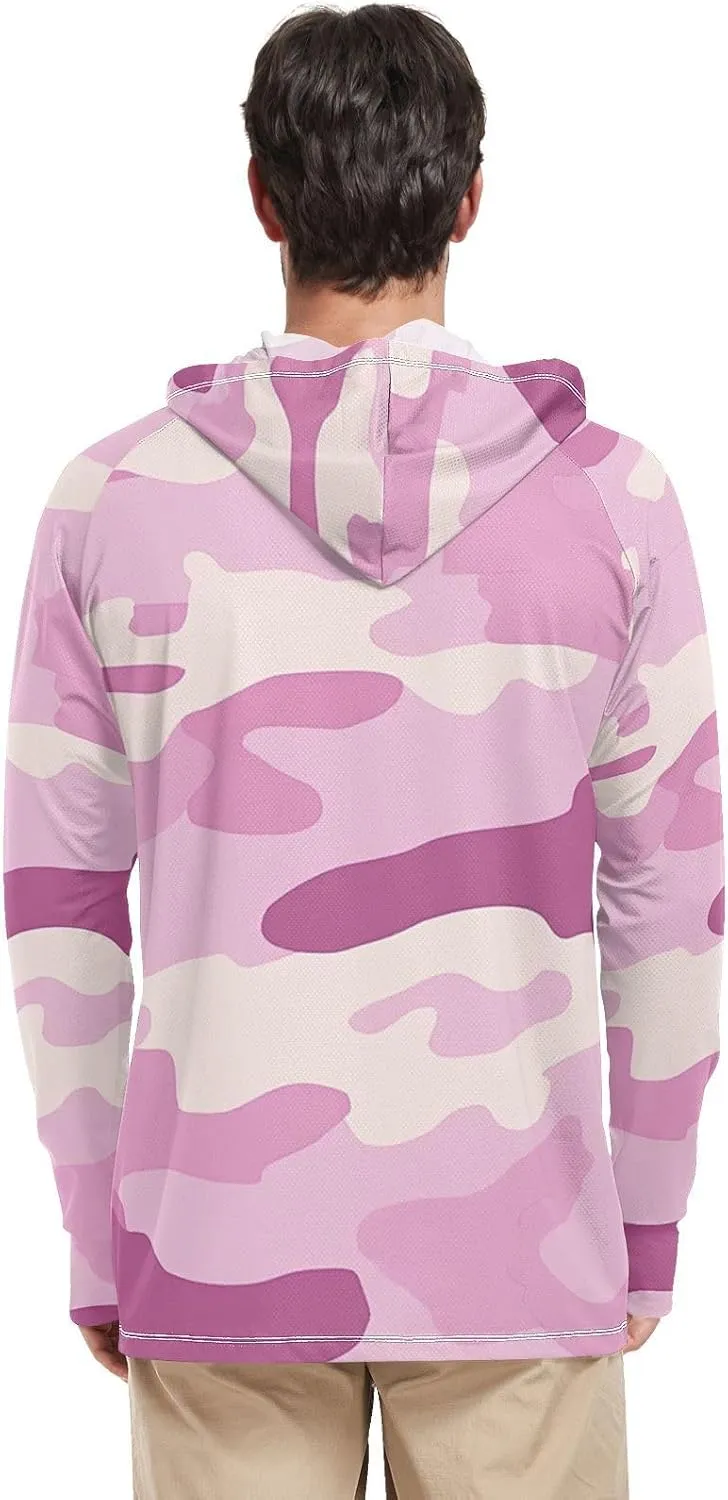 Lilac Camouflage Mens Hoodie Sun Protection Long Sleeve Sun Shirt with Hood UPF 50  Fishing Shirts UV Rash Guard with Hood