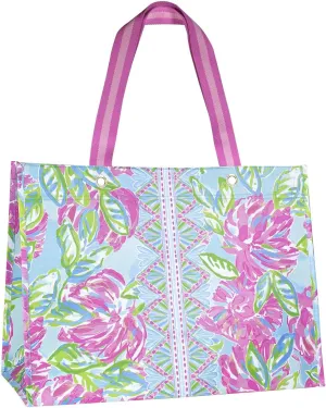 Lilly Pulitzer Pink/Green XL Market Shopper Bag, Oversize Reusable Grocery Tote with Comfortable Shoulder Straps, Totally Blossom