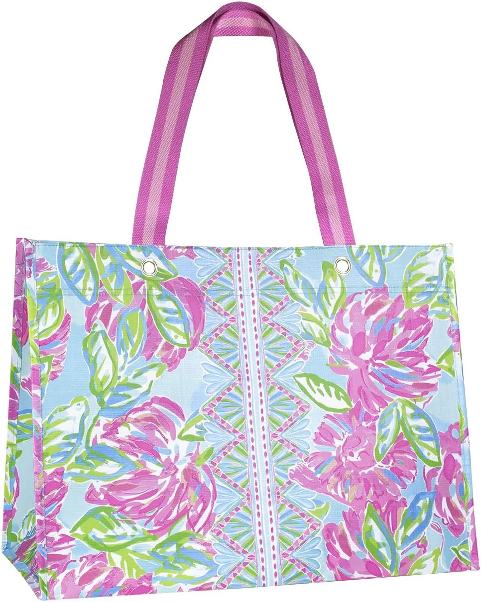 Lilly Pulitzer Pink/Green XL Market Shopper Bag, Oversize Reusable Grocery Tote with Comfortable Shoulder Straps, Totally Blossom