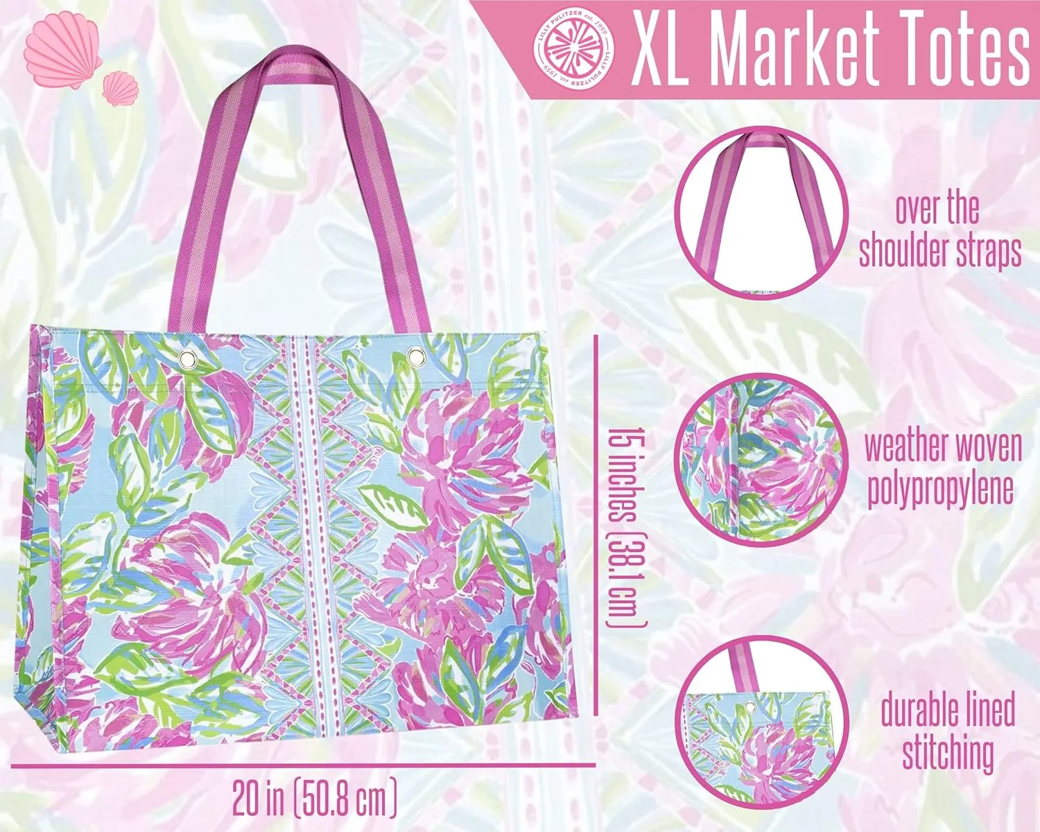 Lilly Pulitzer Pink/Green XL Market Shopper Bag, Oversize Reusable Grocery Tote with Comfortable Shoulder Straps, Totally Blossom