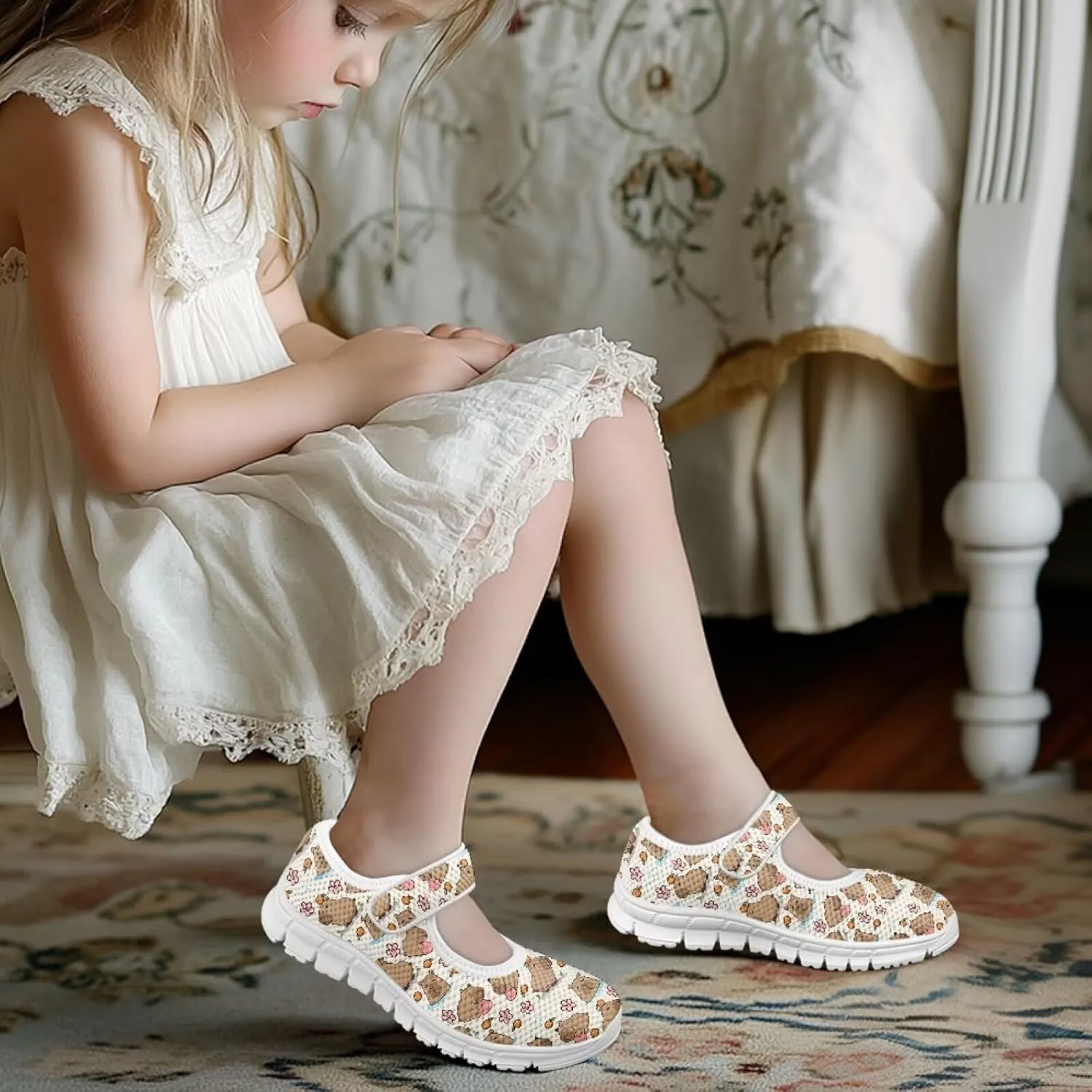 Little Girls Mary Jane Dress Shoes Princess Flats Shoes Mesh Breathable Walking Sneakers for School,Wedding Party