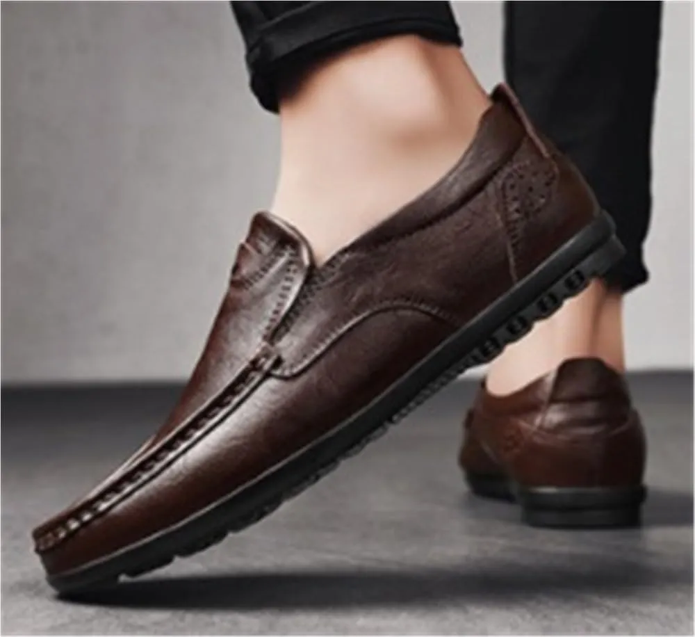 Loafers for Men Cowhide Stitching Details Round Toe Breathable Flat Heel Anti-Slip Slip Resistant Fashion Walking Slip-ons