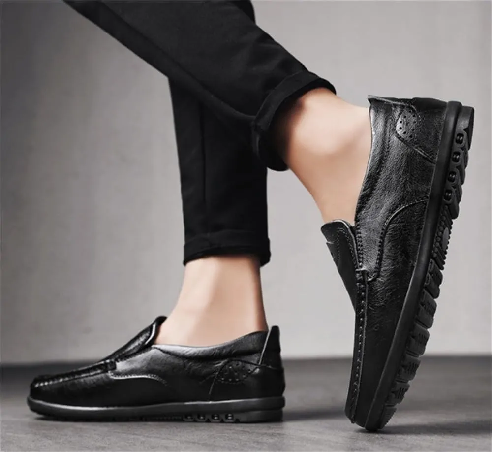 Loafers for Men Cowhide Stitching Details Round Toe Breathable Flat Heel Anti-Slip Slip Resistant Fashion Walking Slip-ons