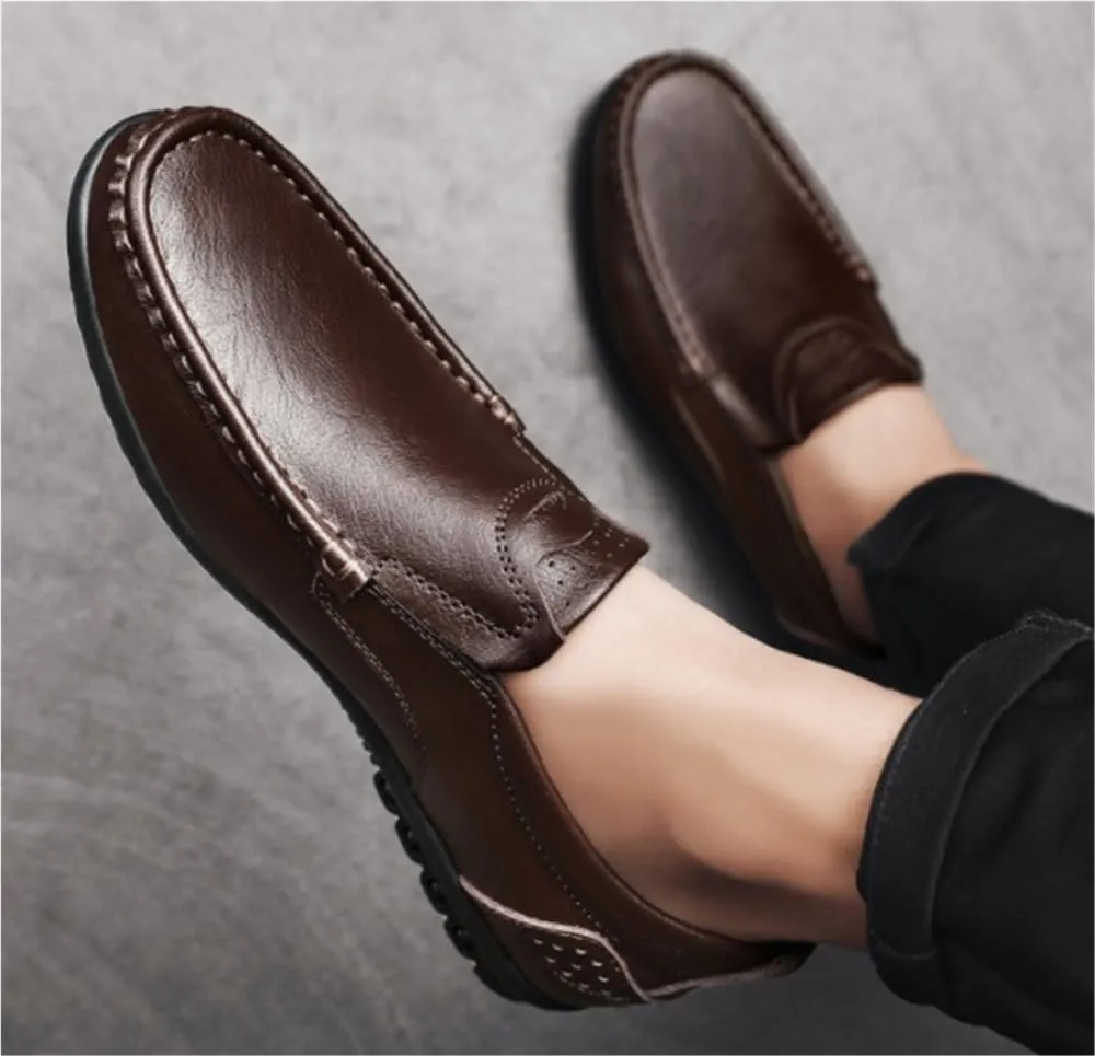 Loafers for Men Cowhide Stitching Details Round Toe Breathable Flat Heel Anti-Slip Slip Resistant Fashion Walking Slip-ons
