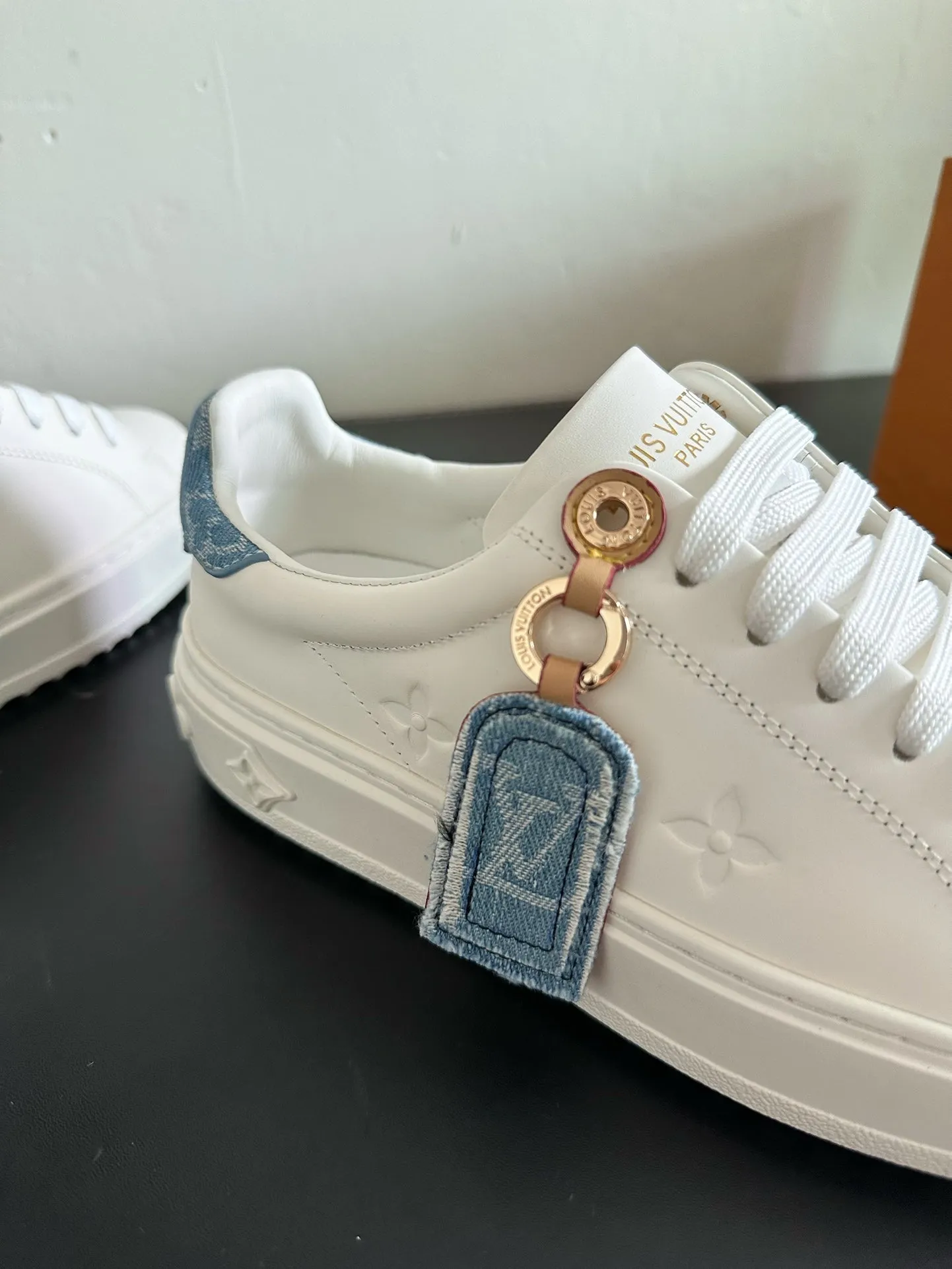 Louis Vuitton White Seamless Calfskin Out Sneakers Anniversary sale Light Blue Mix Time