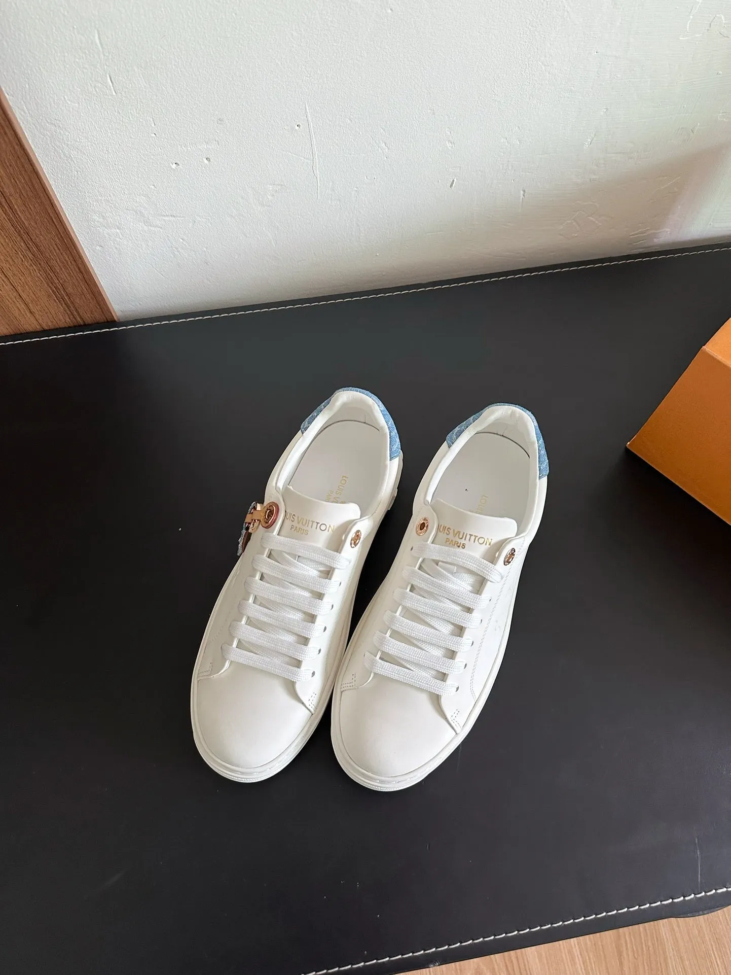 Louis Vuitton White Seamless Calfskin Out Sneakers Anniversary sale Light Blue Mix Time