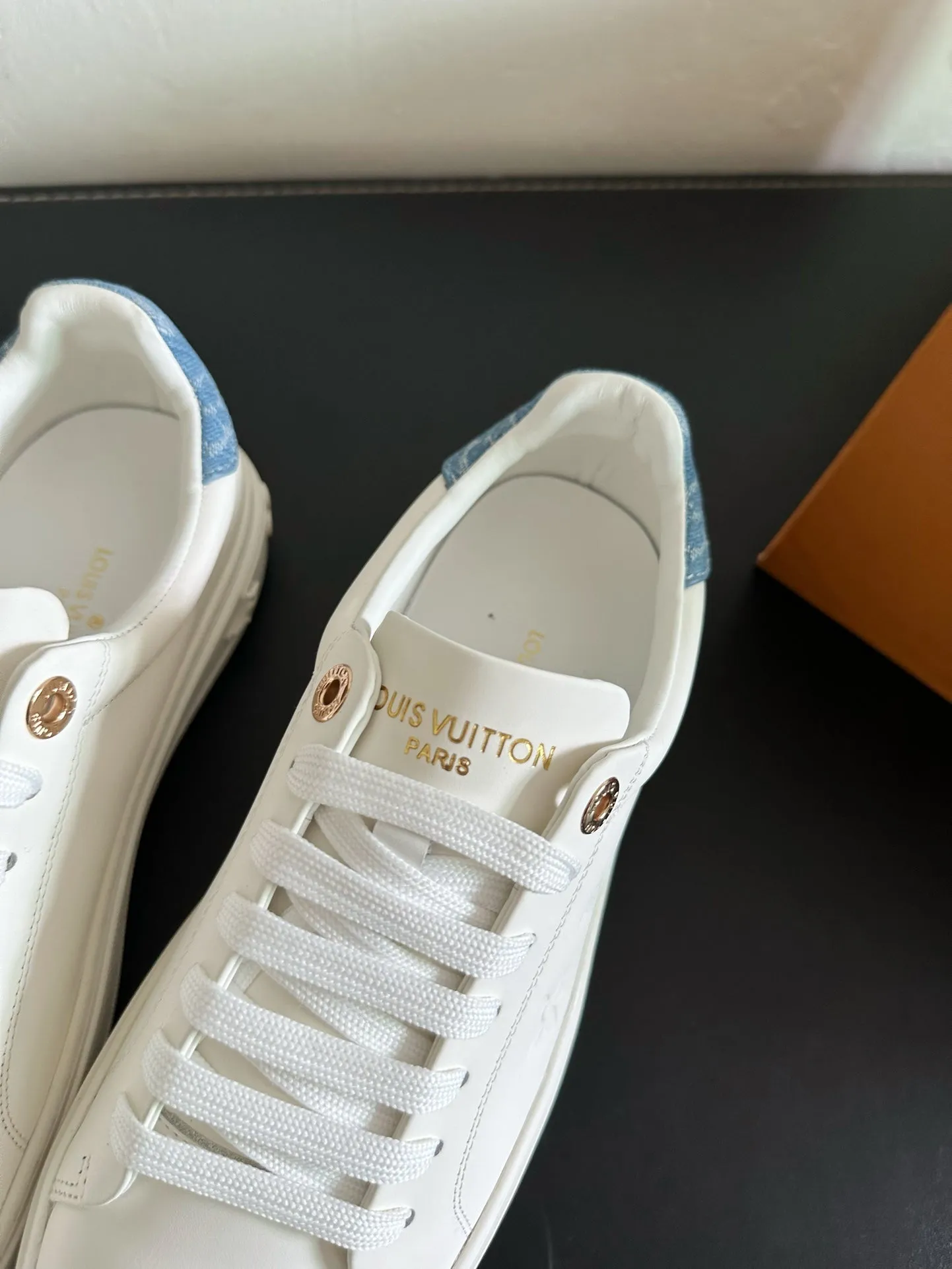 Louis Vuitton White Seamless Calfskin Out Sneakers Anniversary sale Light Blue Mix Time