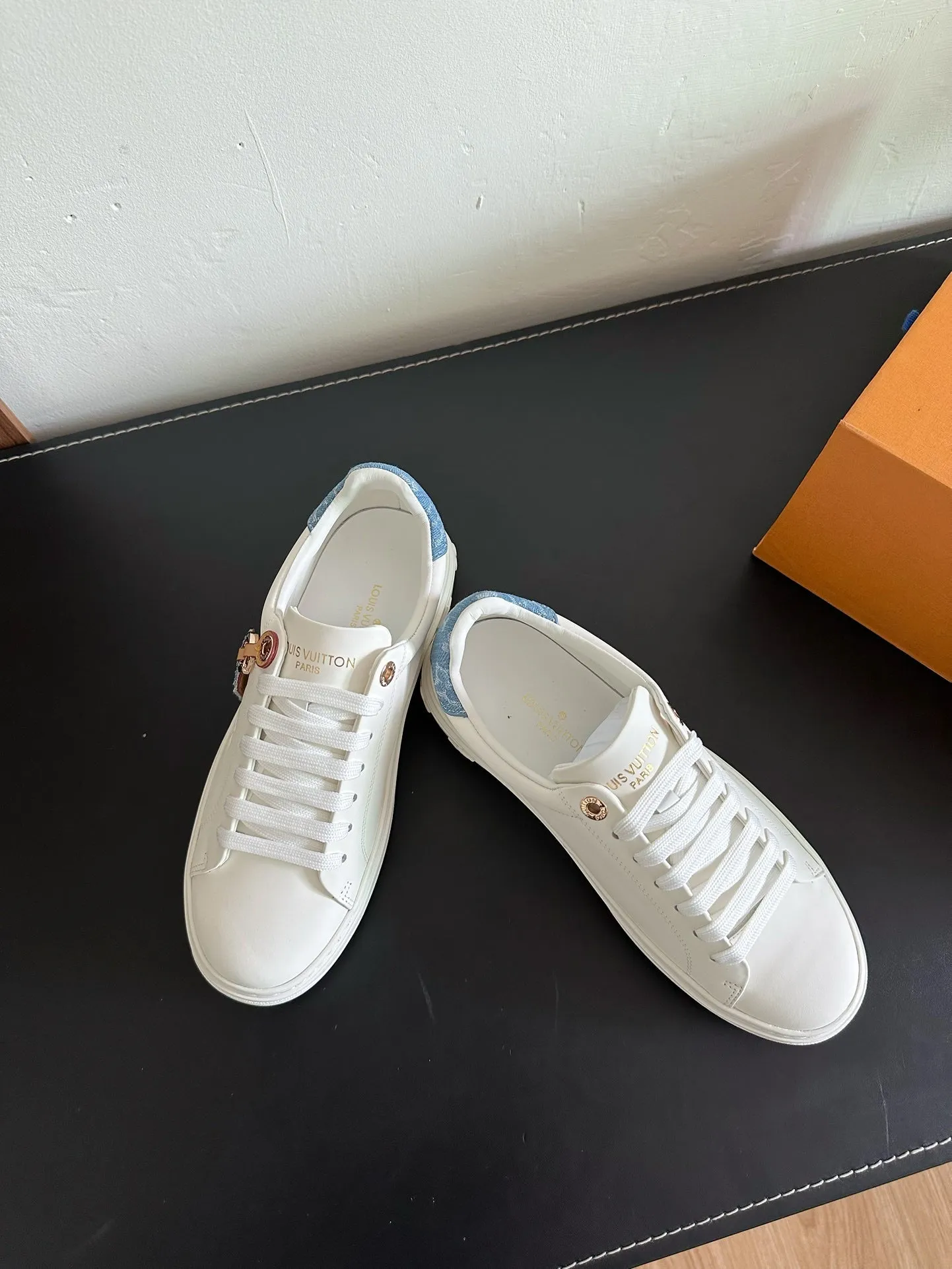 Louis Vuitton White Seamless Calfskin Out Sneakers Anniversary sale Light Blue Mix Time