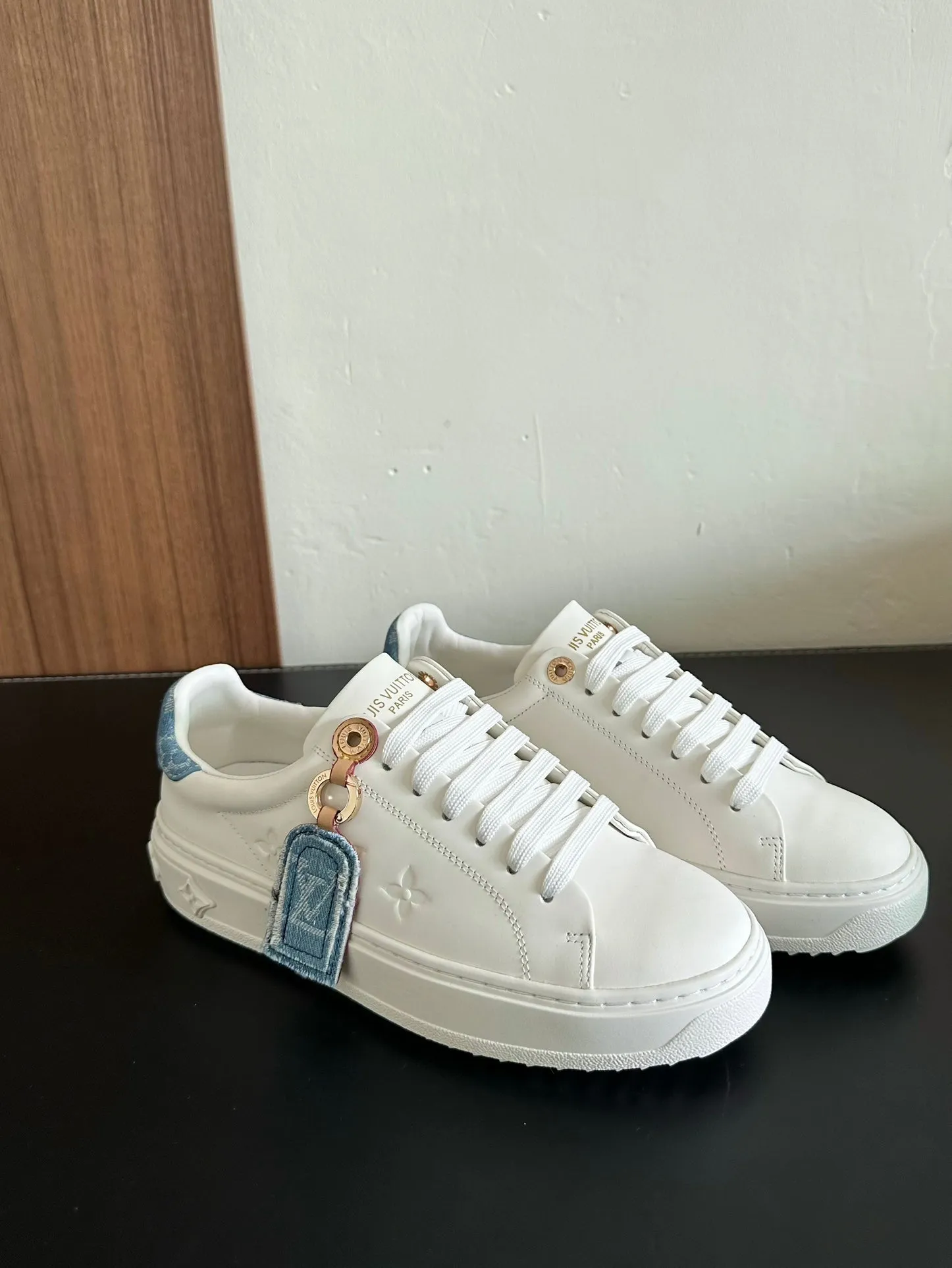Louis Vuitton White Seamless Calfskin Out Sneakers Anniversary sale Light Blue Mix Time