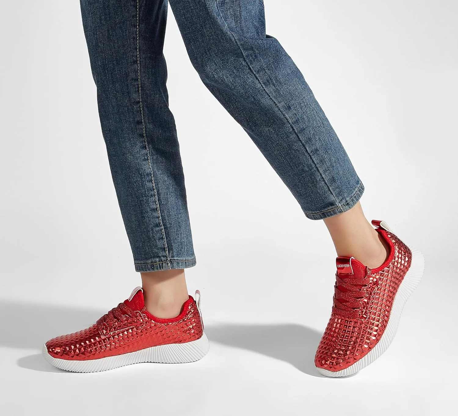 LUCKY STEP Women's Metallic Fashion Sneaker Leatherette Studded Jogger Lightweight Casual Walking Shoes