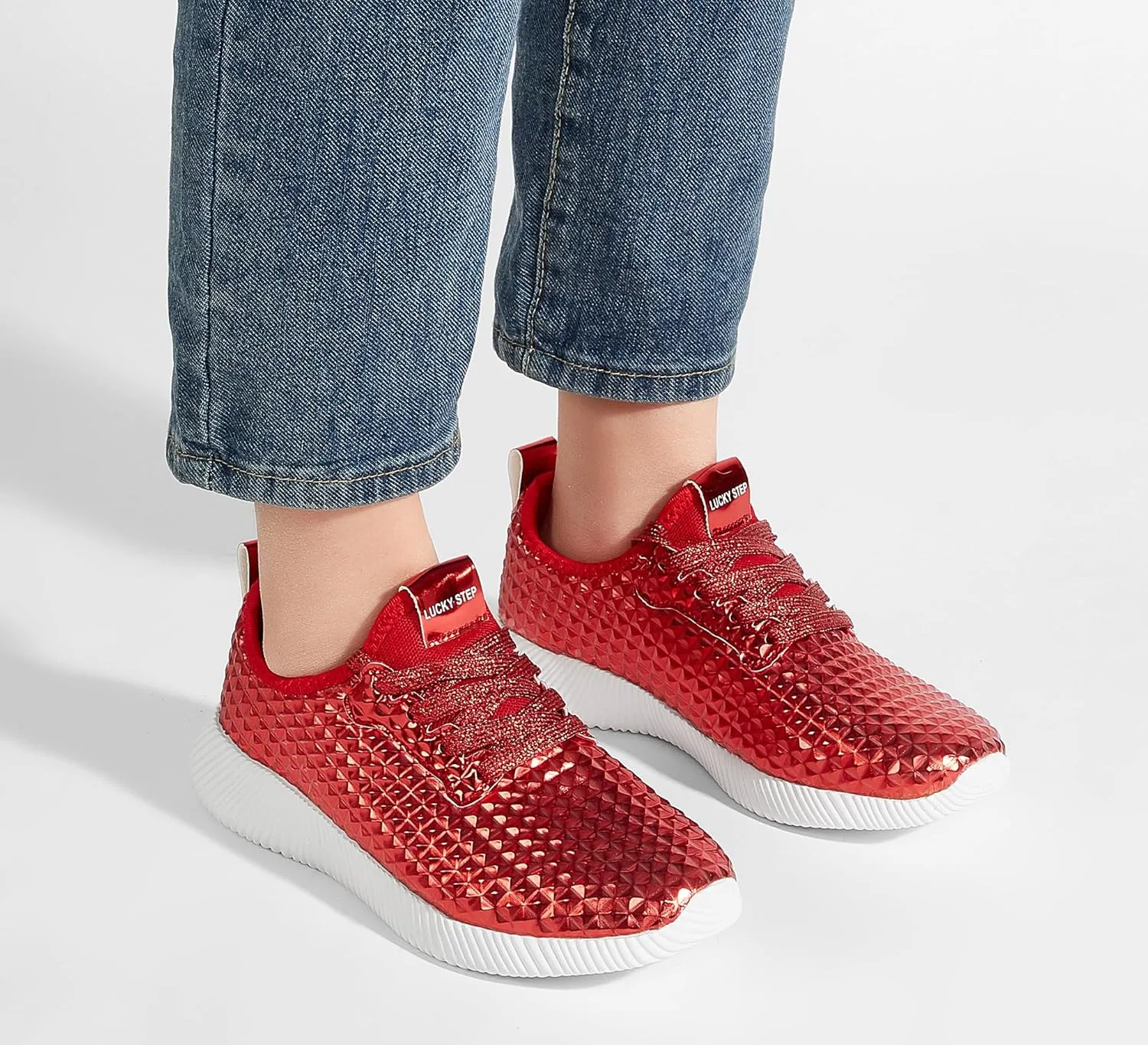 LUCKY STEP Women's Metallic Fashion Sneaker Leatherette Studded Jogger Lightweight Casual Walking Shoes