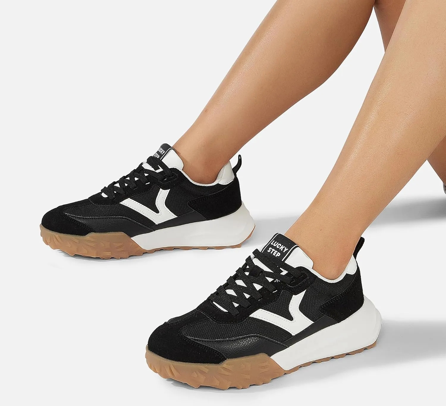 LUCKY STEP Women's Platform Tennis Walking Shoe Retro Chunky Casual Breathable Durable Deluxe Fashion Skate Sneaker