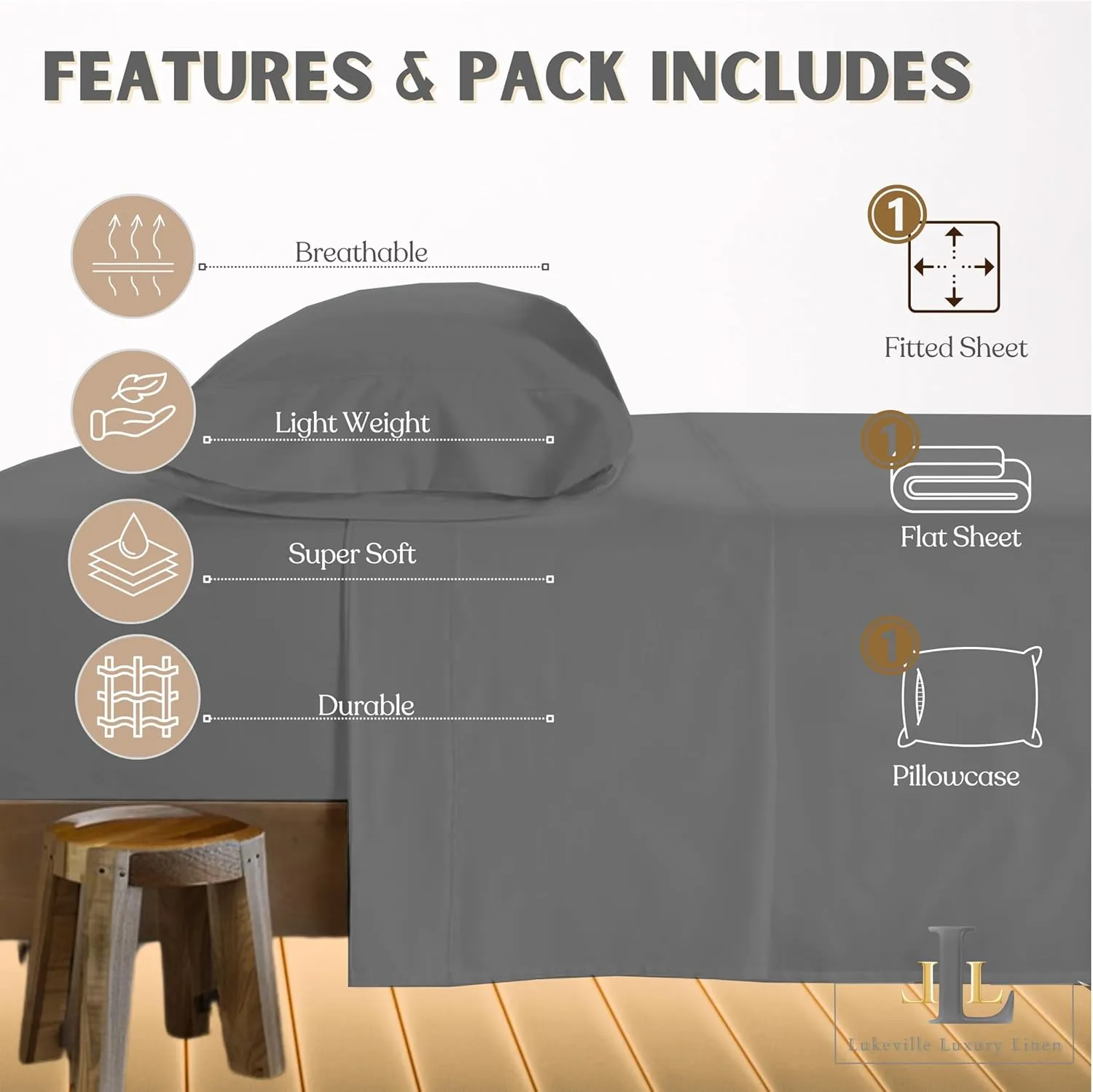 Lukeville Luxury Linen Narrow Twin Size Cot Sheet 25" x 75" x 9" - 3 Piece Cot Sheet Set - RV Bunk/Camp Bunk/Guest Beds/Army Cots/Trifold Mattress, Dark Grey Solid