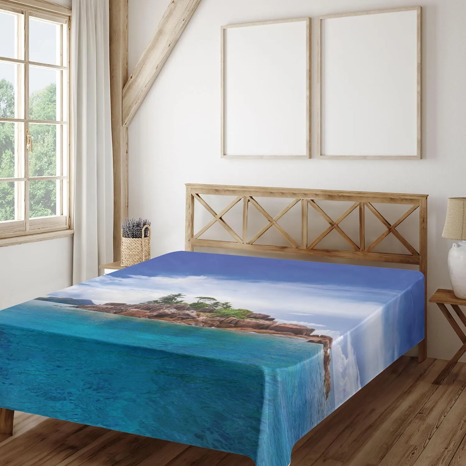Lunarable Island Flat Sheet, Island at Seychelles Coconut Journey Jungle Rocky Coast Waves Surface Print, Soft and Comfortable Top Sheet Decorative Bedding 1 Piece, Full Size, Blue Caramel Green