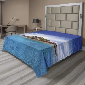 Lunarable Island Flat Sheet, Island at Seychelles Coconut Journey Jungle Rocky Coast Waves Surface Print, Soft and Comfortable Top Sheet Decorative Bedding 1 Piece, Full Size, Blue Caramel Green