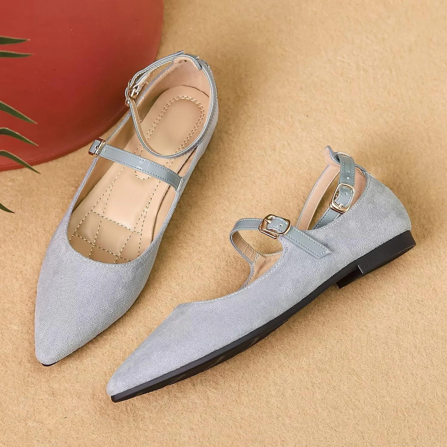 LUXINYU Mary Jane Shoes for Women Suede Pointed Toe Adjustable Ankle Strap Flats Comfortable Work Shoes