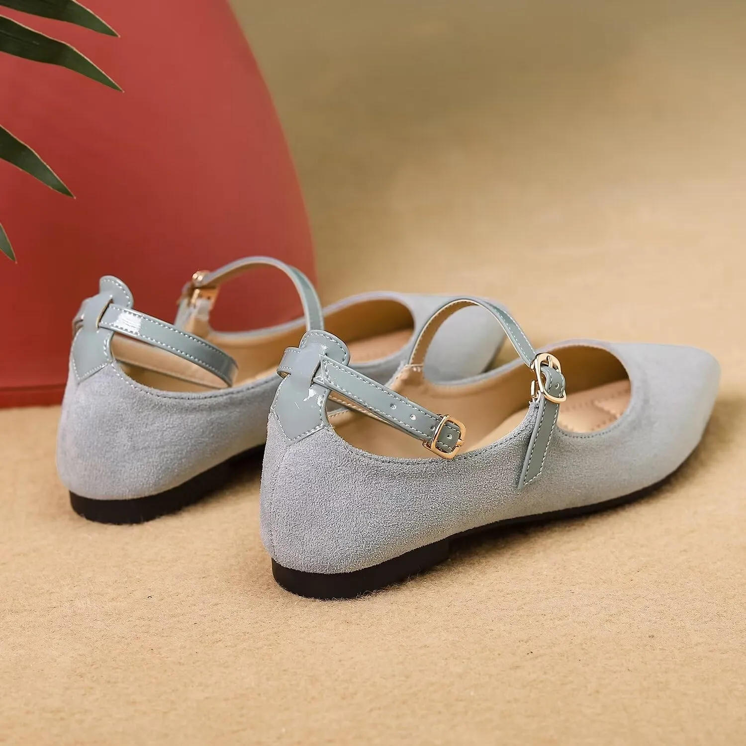 LUXINYU Mary Jane Shoes for Women Suede Pointed Toe Adjustable Ankle Strap Flats Comfortable Work Shoes