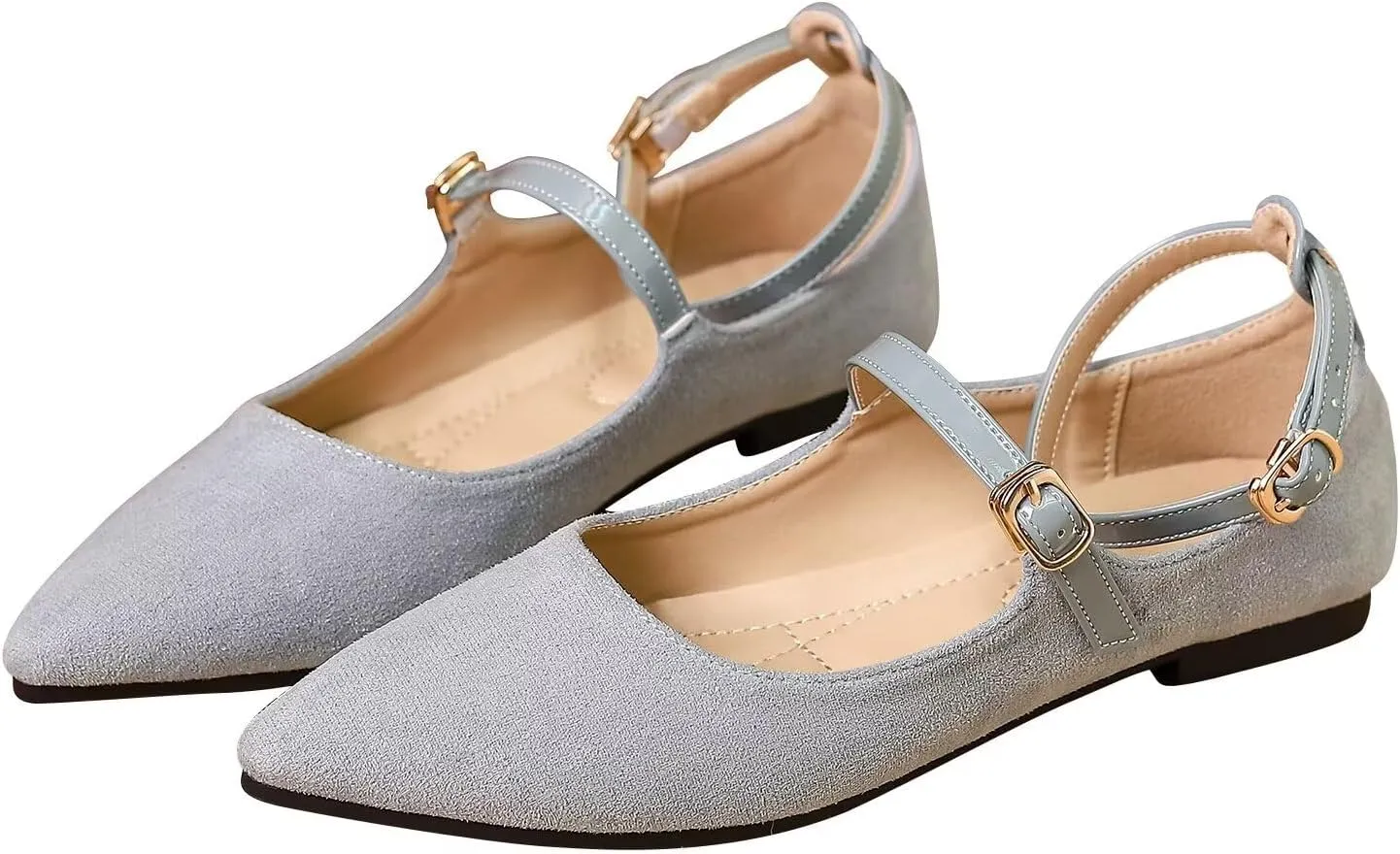 LUXINYU Mary Jane Shoes for Women Suede Pointed Toe Adjustable Ankle Strap Flats Comfortable Work Shoes