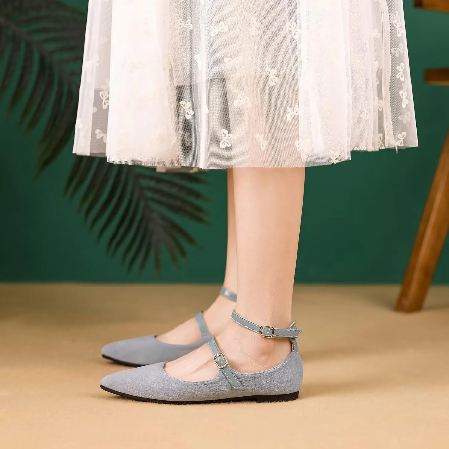 LUXINYU Mary Jane Shoes for Women Suede Pointed Toe Adjustable Ankle Strap Flats Comfortable Work Shoes