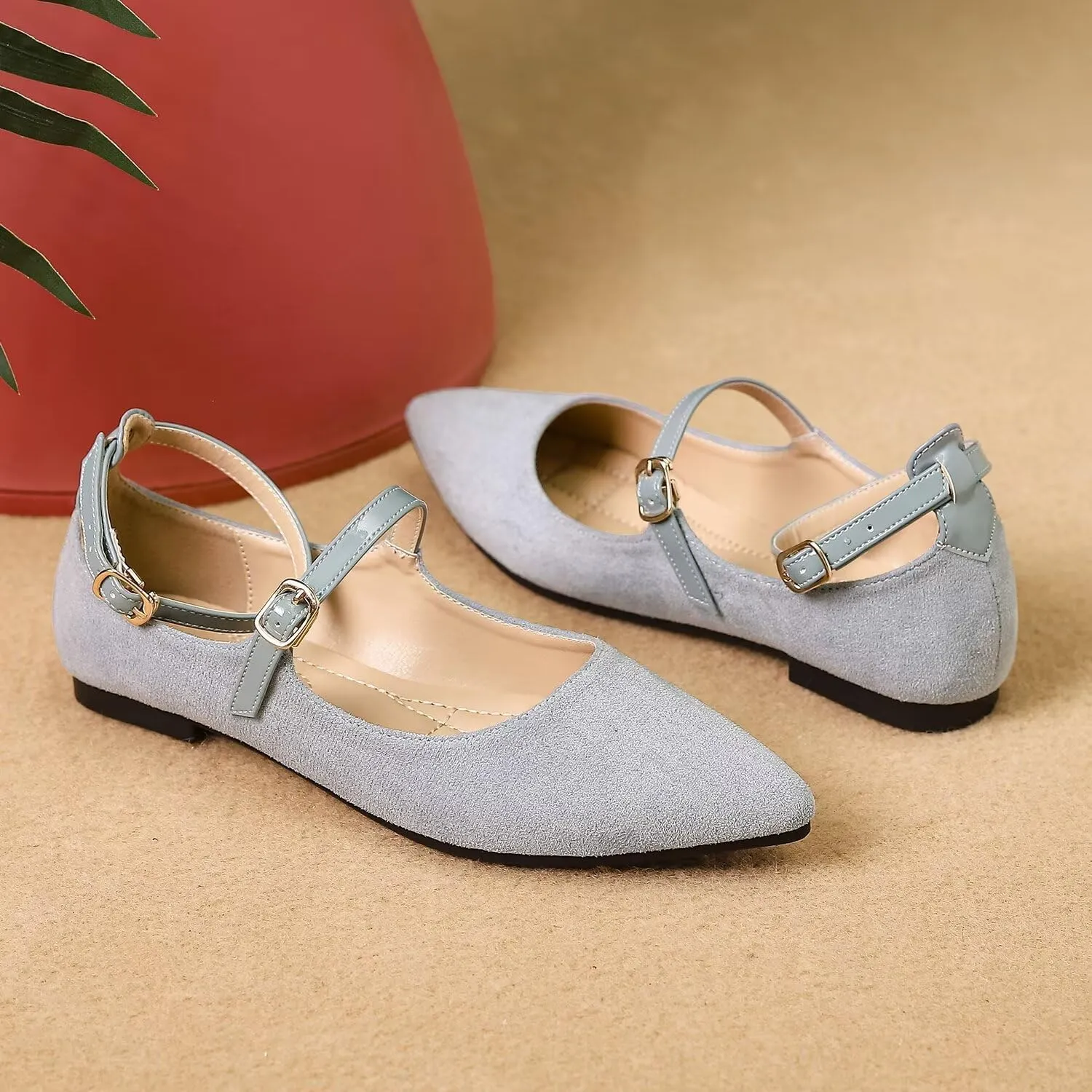 LUXINYU Mary Jane Shoes for Women Suede Pointed Toe Adjustable Ankle Strap Flats Comfortable Work Shoes