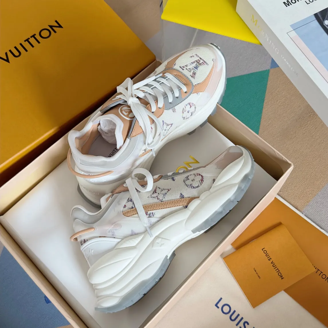 LV Run 55 Sneaker 55mm White Mix Brown Beige Monogram Jacquard Fabric