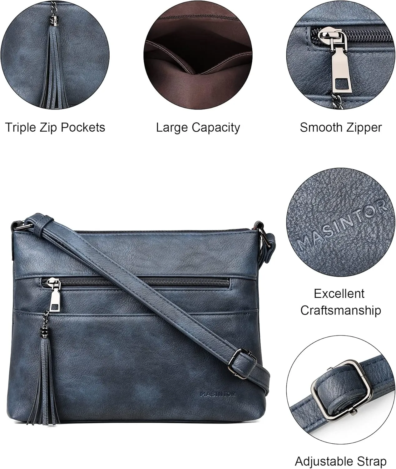 MASINTOR Crossbody Bags for Women, Lightweight Medium Crossbody Purse, Soft Leather Women's Shoulder Handbags with Tassel for Shopping or Travel