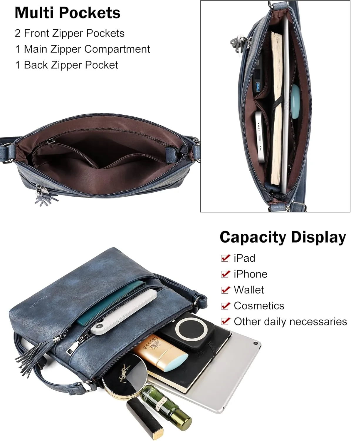 MASINTOR Crossbody Bags for Women, Lightweight Medium Crossbody Purse, Soft Leather Women's Shoulder Handbags with Tassel for Shopping or Travel