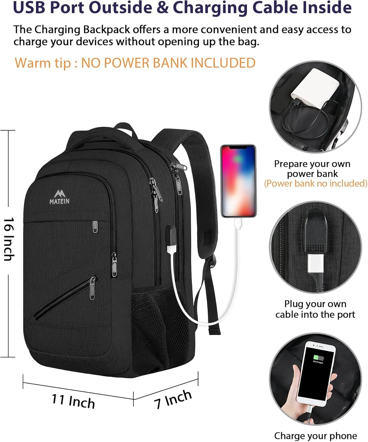 MATEIN 15.6 Inch Backpack for Men Women, Professional Business Laptop Backpack with Multiple Organization Pockets, Water Resistant Casual Daypack for Traveling On Airplane, Black