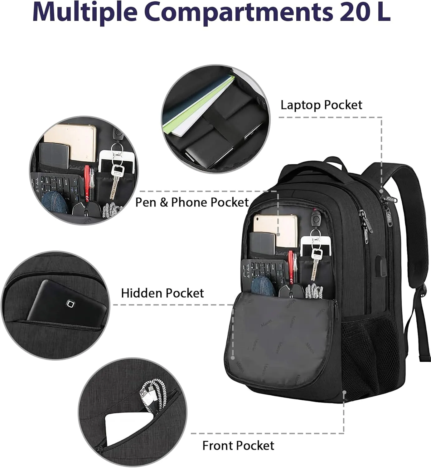 MATEIN 15.6 Inch Backpack for Men Women, Professional Business Laptop Backpack with Multiple Organization Pockets, Water Resistant Casual Daypack for Traveling On Airplane, Black