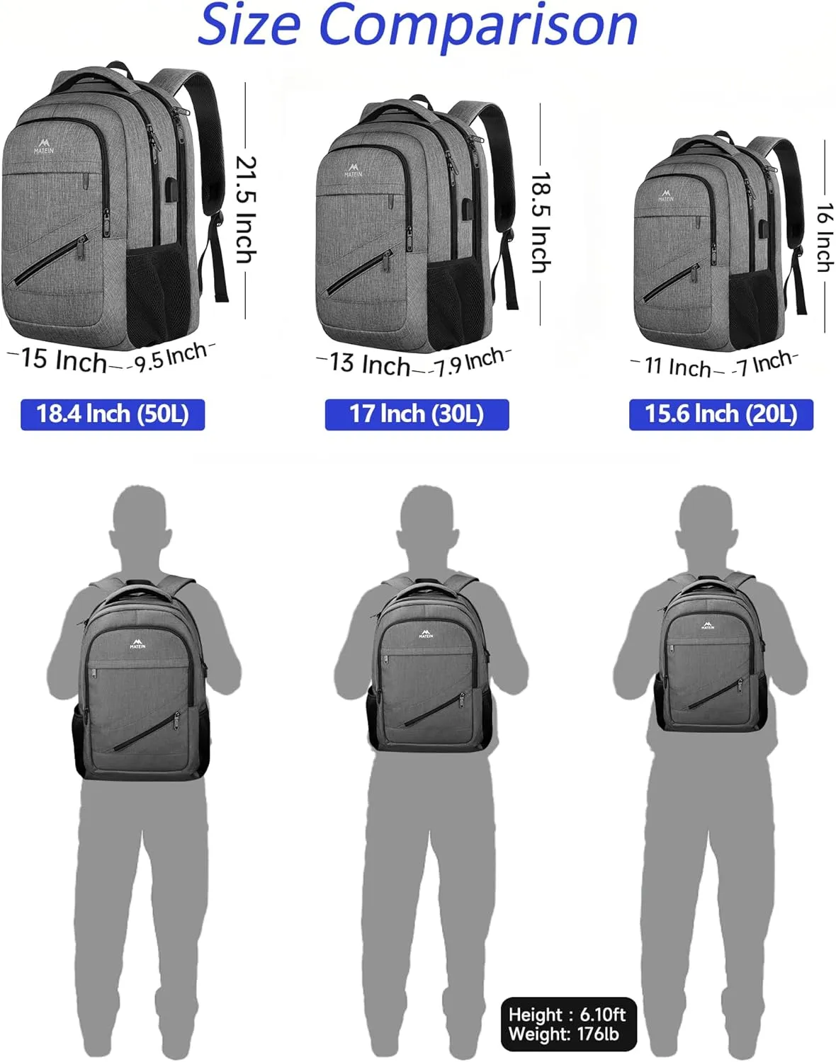 MATEIN Laptop Backpack 15.6 Inch, Personal Item Travel Bag for Women Men Airline Approved, Weekender Bag with TSA Laptop Compartment, Water Resistant Work Commute Backpack, Grey