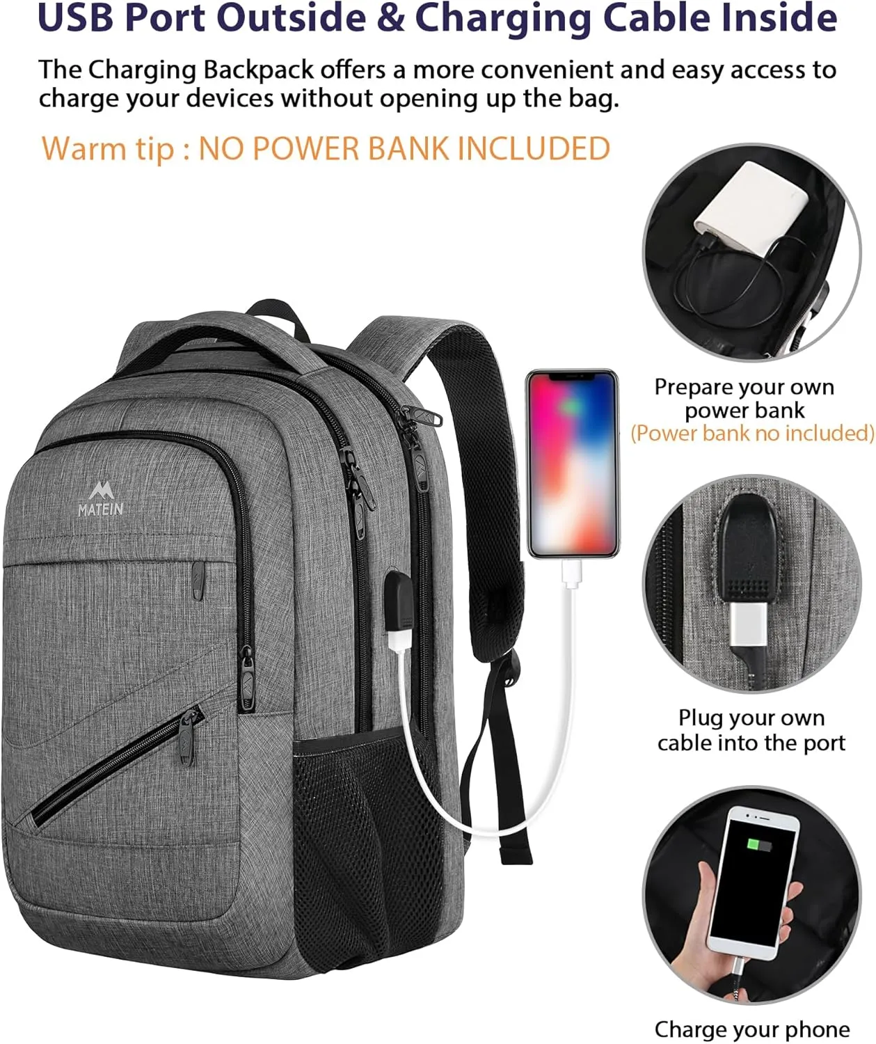 MATEIN Laptop Backpack 15.6 Inch, Personal Item Travel Bag for Women Men Airline Approved, Weekender Bag with TSA Laptop Compartment, Water Resistant Work Commute Backpack, Grey