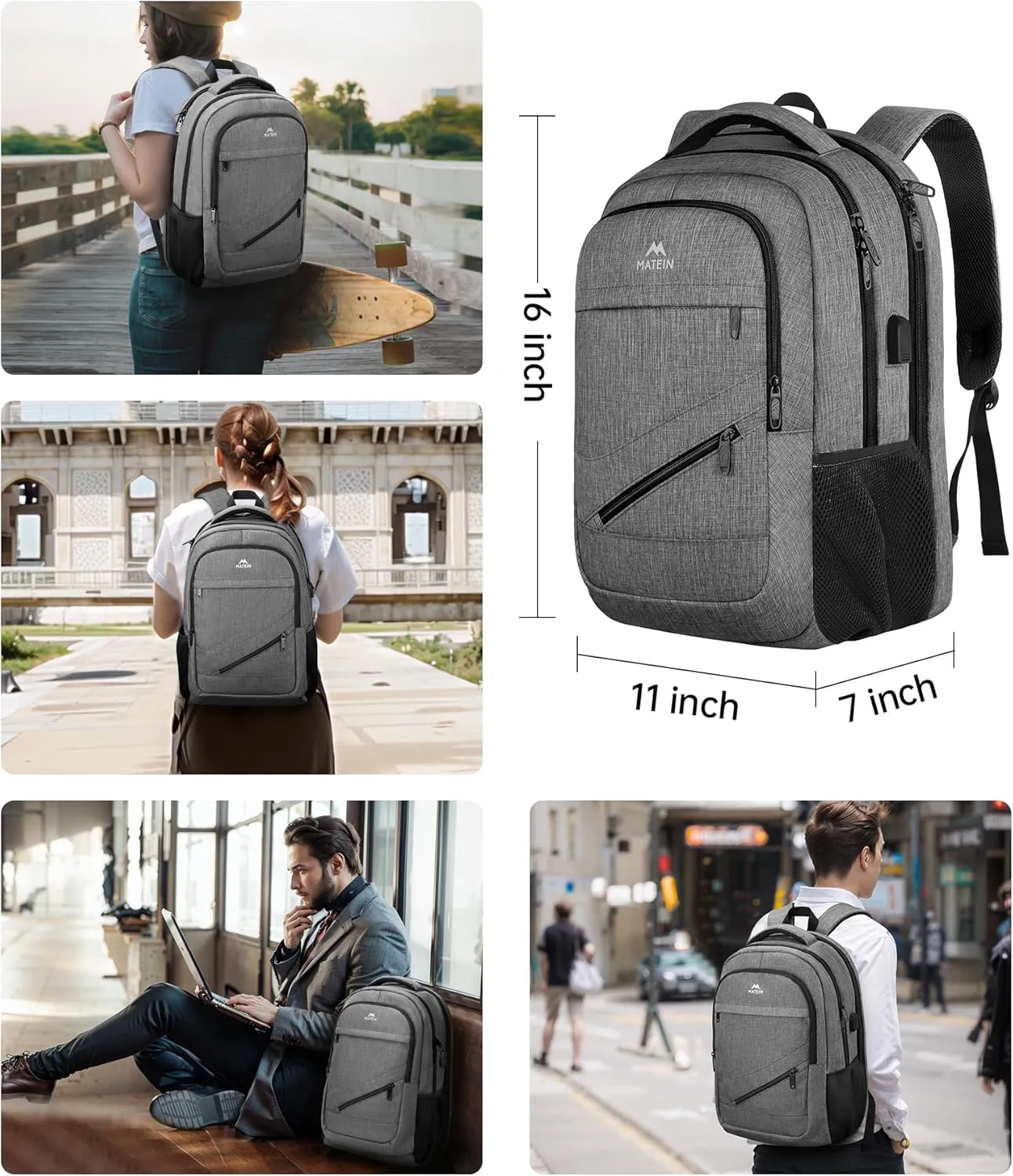 MATEIN Laptop Backpack 15.6 Inch, Personal Item Travel Bag for Women Men Airline Approved, Weekender Bag with TSA Laptop Compartment, Water Resistant Work Commute Backpack, Grey