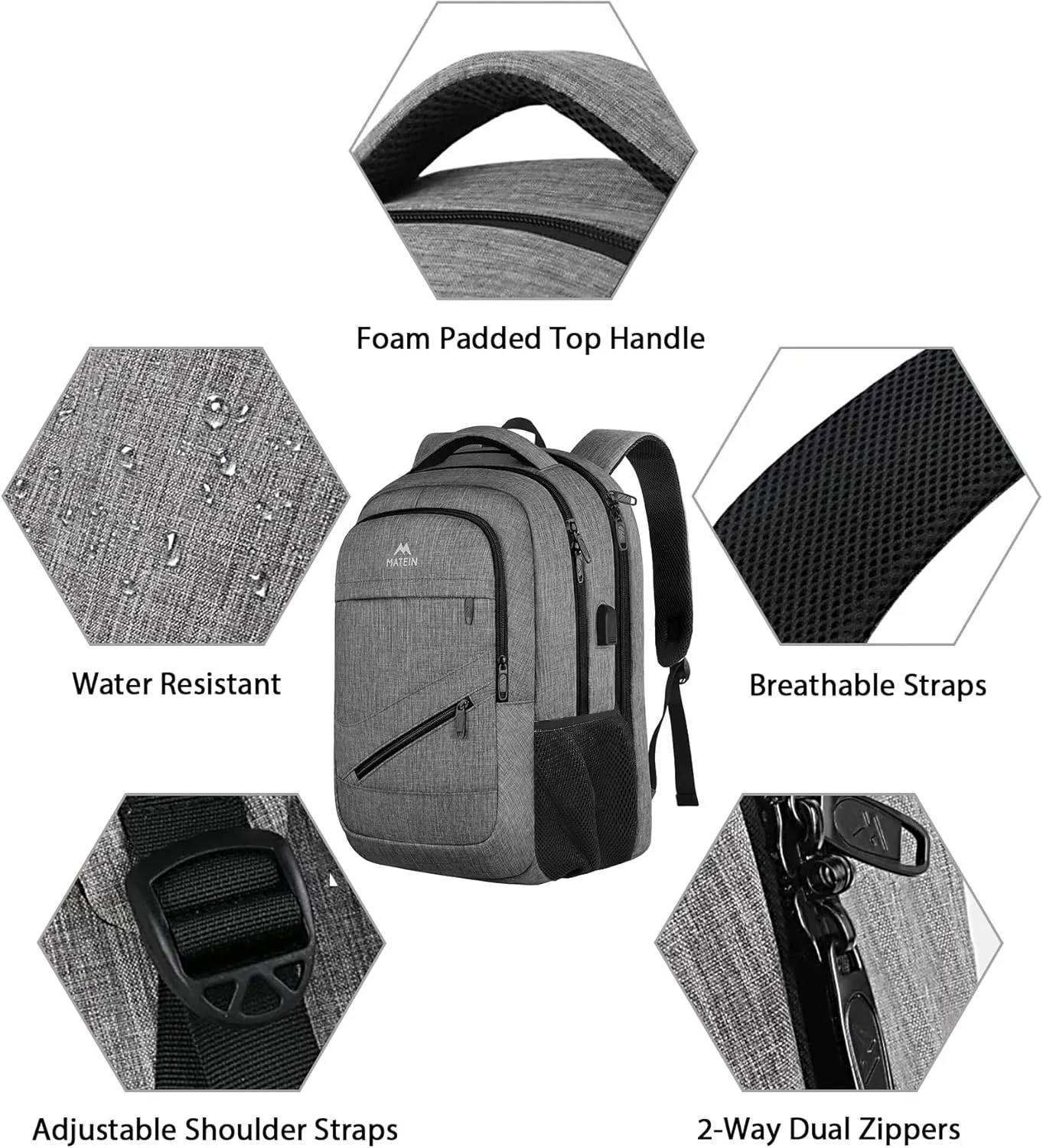 MATEIN Laptop Backpack 15.6 Inch, Personal Item Travel Bag for Women Men Airline Approved, Weekender Bag with TSA Laptop Compartment, Water Resistant Work Commute Backpack, Grey