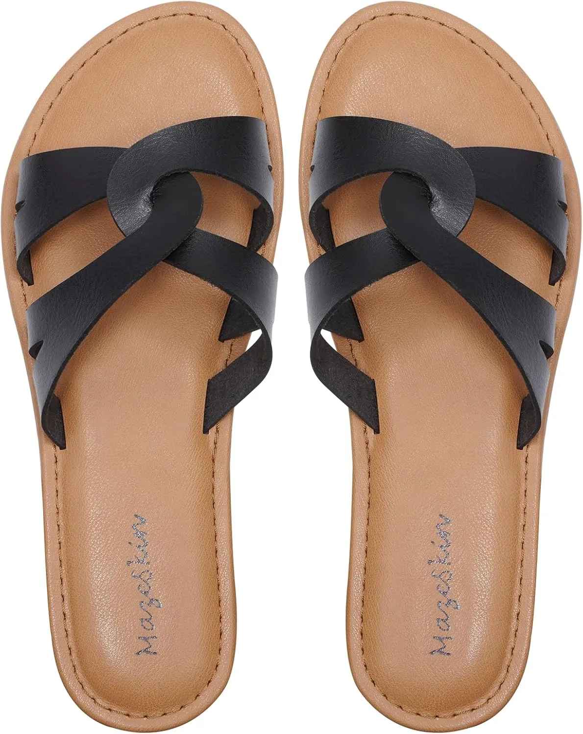 mazeskin Women's Memory Foam Two Braid Band Comfortable Summer Flat Slide Sandals