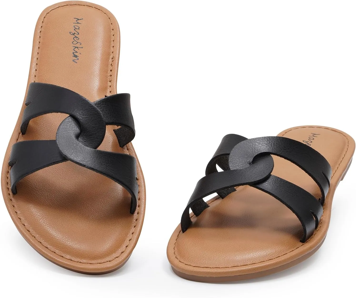 mazeskin Women's Memory Foam Two Braid Band Comfortable Summer Flat Slide Sandals