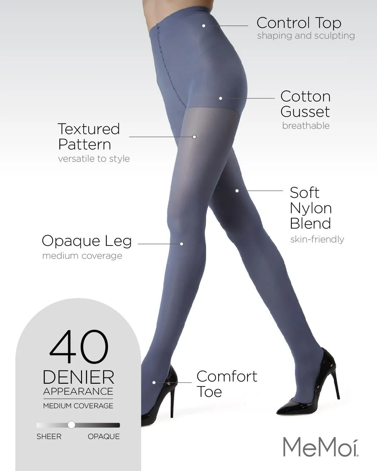 MeMoi Deep Gloss Semi Opaque Tights, Comfortable and Lightweight Control Top Tights, 40 Denier - Sizes S-L