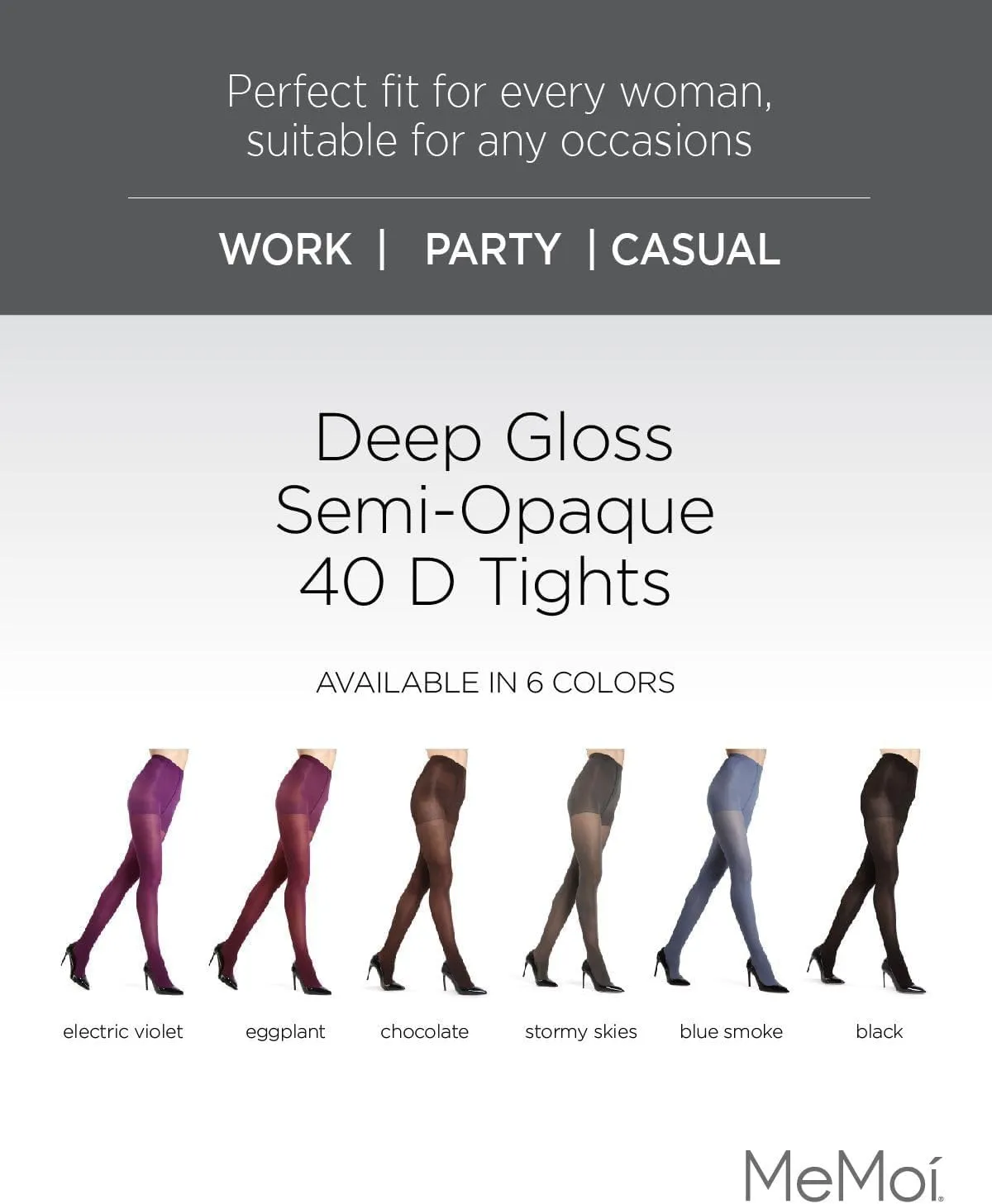 MeMoi Deep Gloss Semi Opaque Tights, Comfortable and Lightweight Control Top Tights, 40 Denier - Sizes S-L