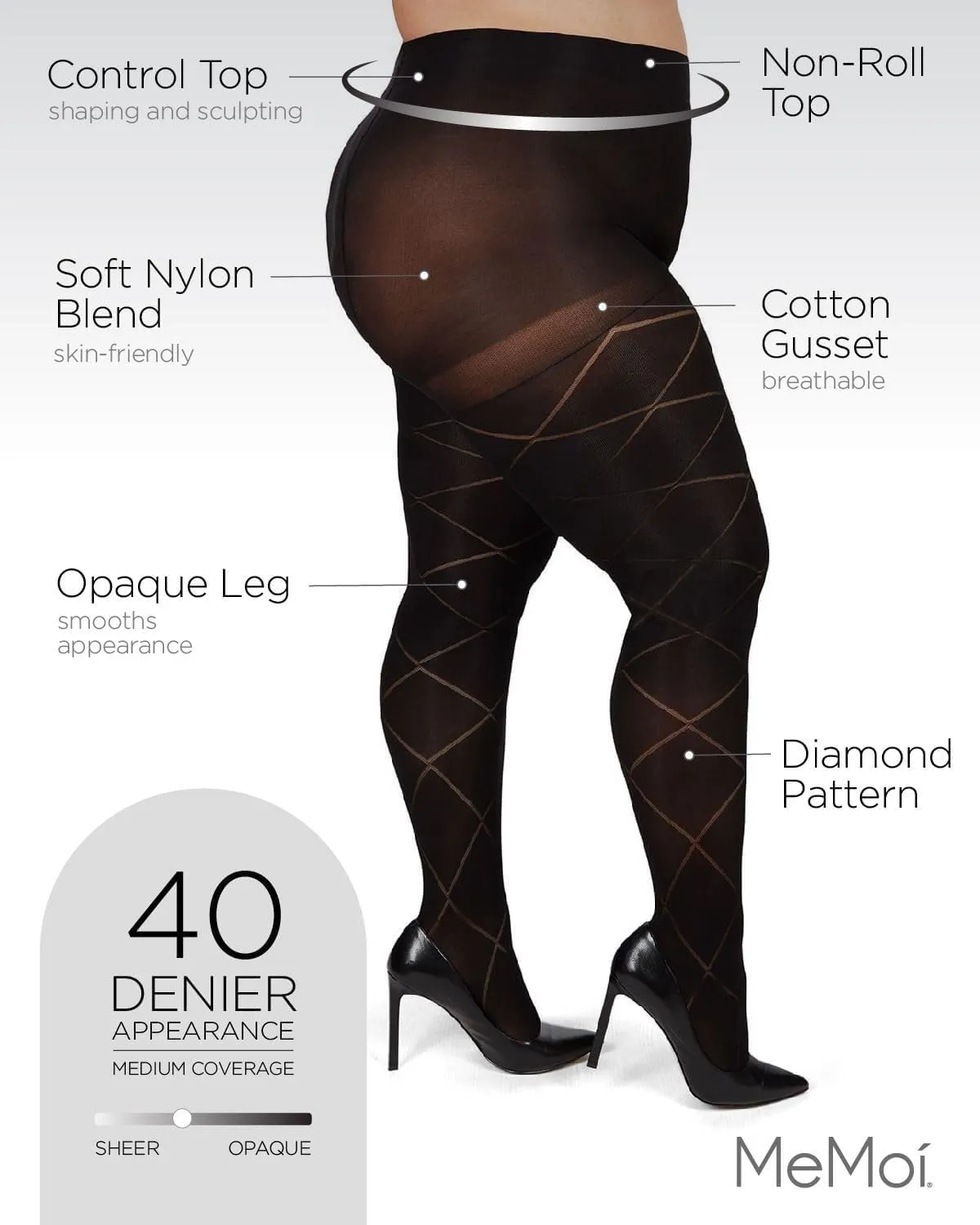 MeMoi Plus Size Diamond Opaque Curvy Tights, Comfortable Control Top Tights for Women - Sizes 1X-7X, Black