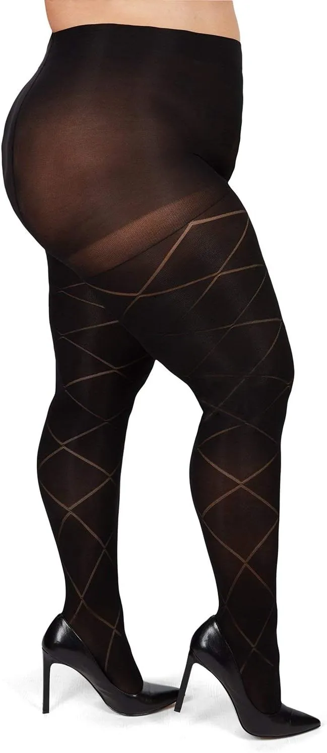 MeMoi Plus Size Diamond Opaque Curvy Tights, Comfortable Control Top Tights for Women - Sizes 1X-7X, Black