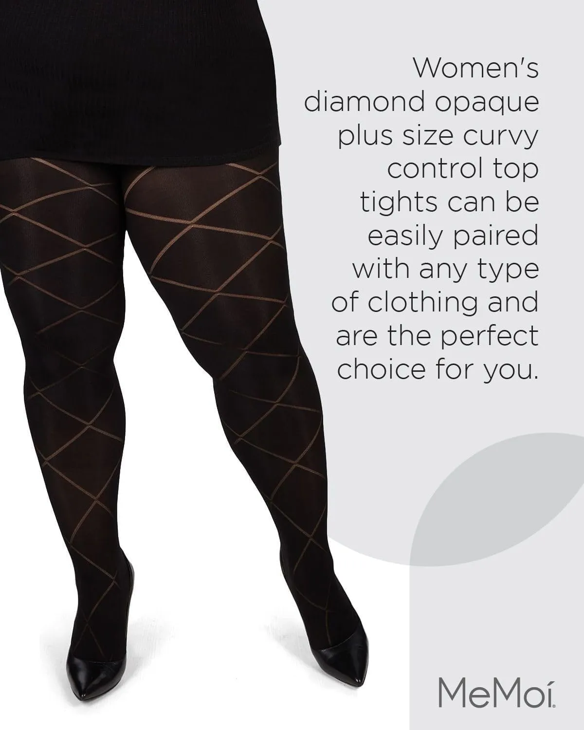 MeMoi Plus Size Diamond Opaque Curvy Tights, Comfortable Control Top Tights for Women - Sizes 1X-7X, Black