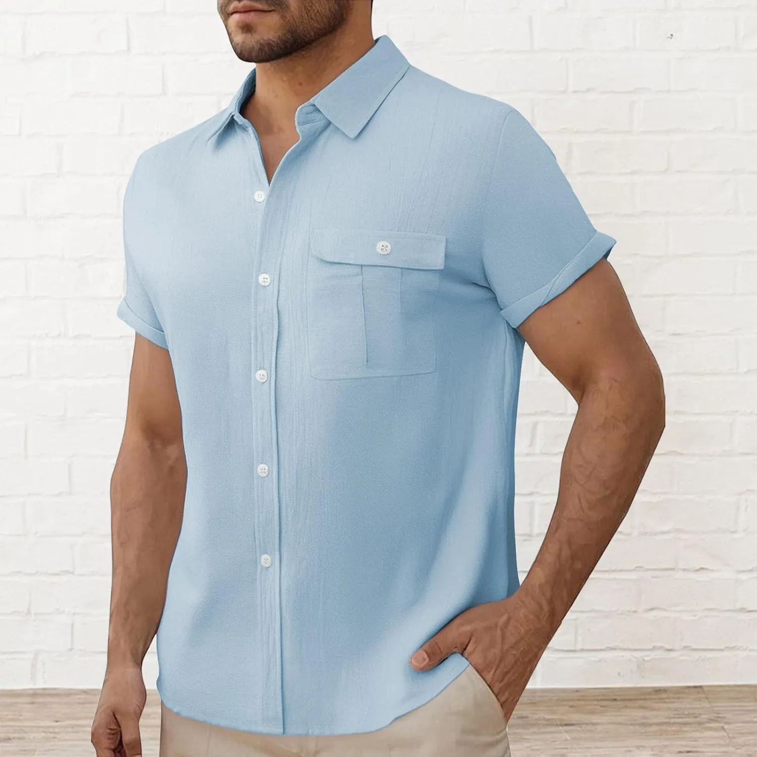 Men Cotton Linen Guayabera Shirts Casual Short Sleeve Button Down Work Shirt Solid Color Business Office Dress Tops