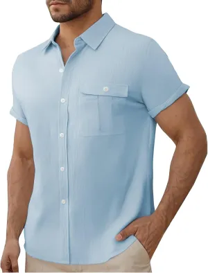 Men Cotton Linen Guayabera Shirts Casual Short Sleeve Button Down Work Shirt Solid Color Business Office Dress Tops