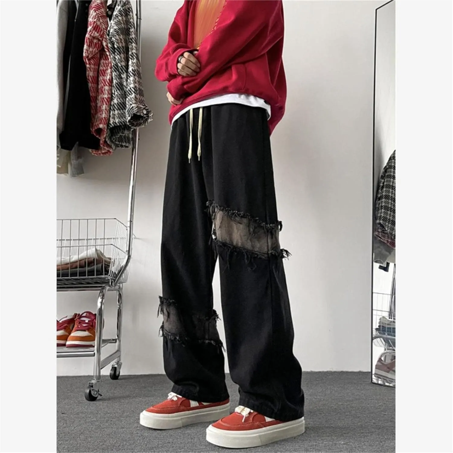 Men Vintage Baggy Jeans with Multiple Pockets Casual Hip Hop Straight Leg Jeans Fashion Cargo Distressed Loose Jean