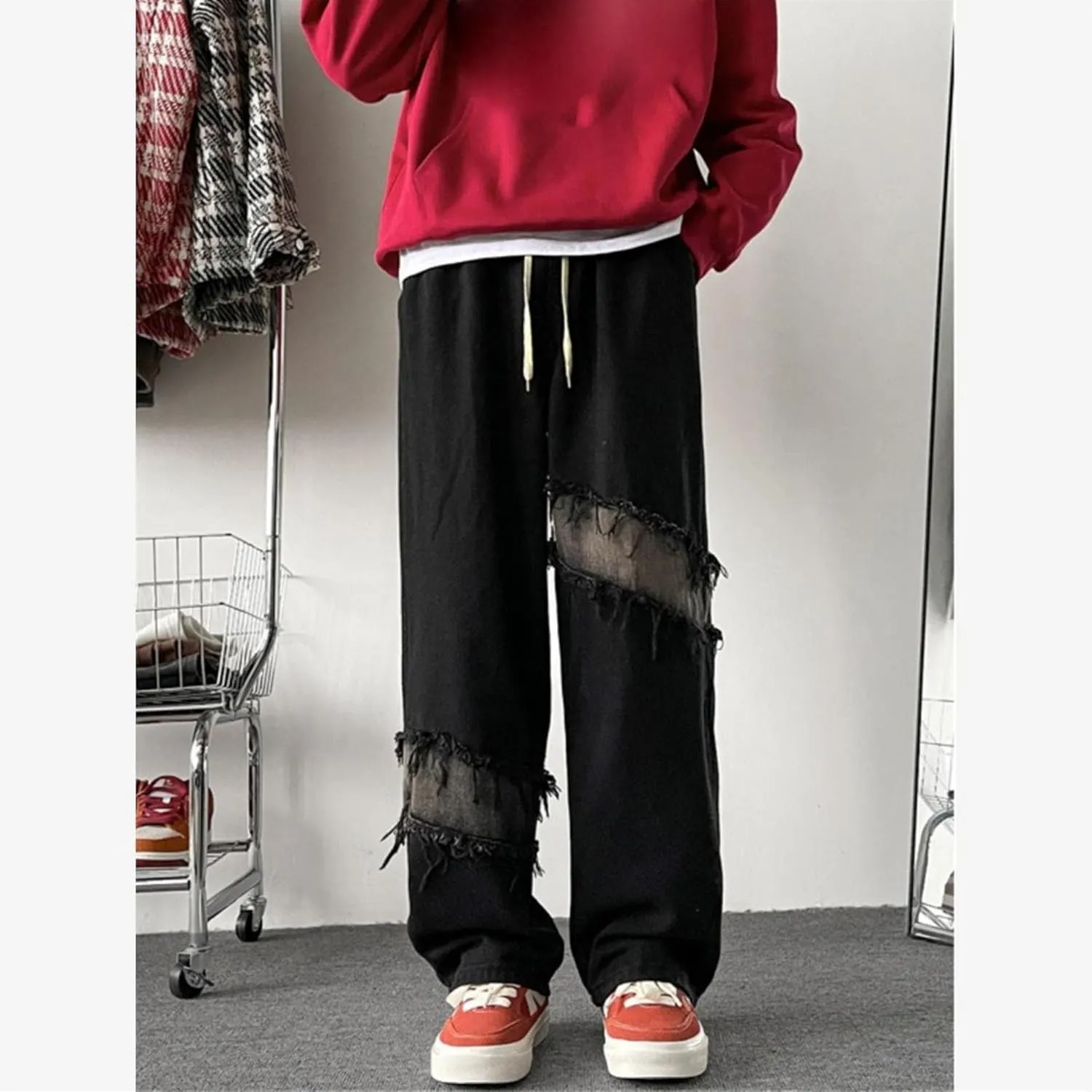Men Vintage Baggy Jeans with Multiple Pockets Casual Hip Hop Straight Leg Jeans Fashion Cargo Distressed Loose Jean