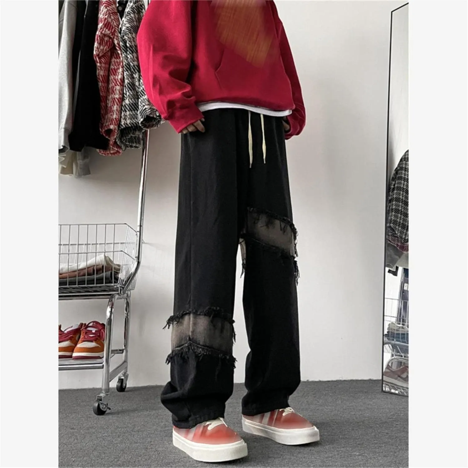 Men Vintage Baggy Jeans with Multiple Pockets Casual Hip Hop Straight Leg Jeans Fashion Cargo Distressed Loose Jean