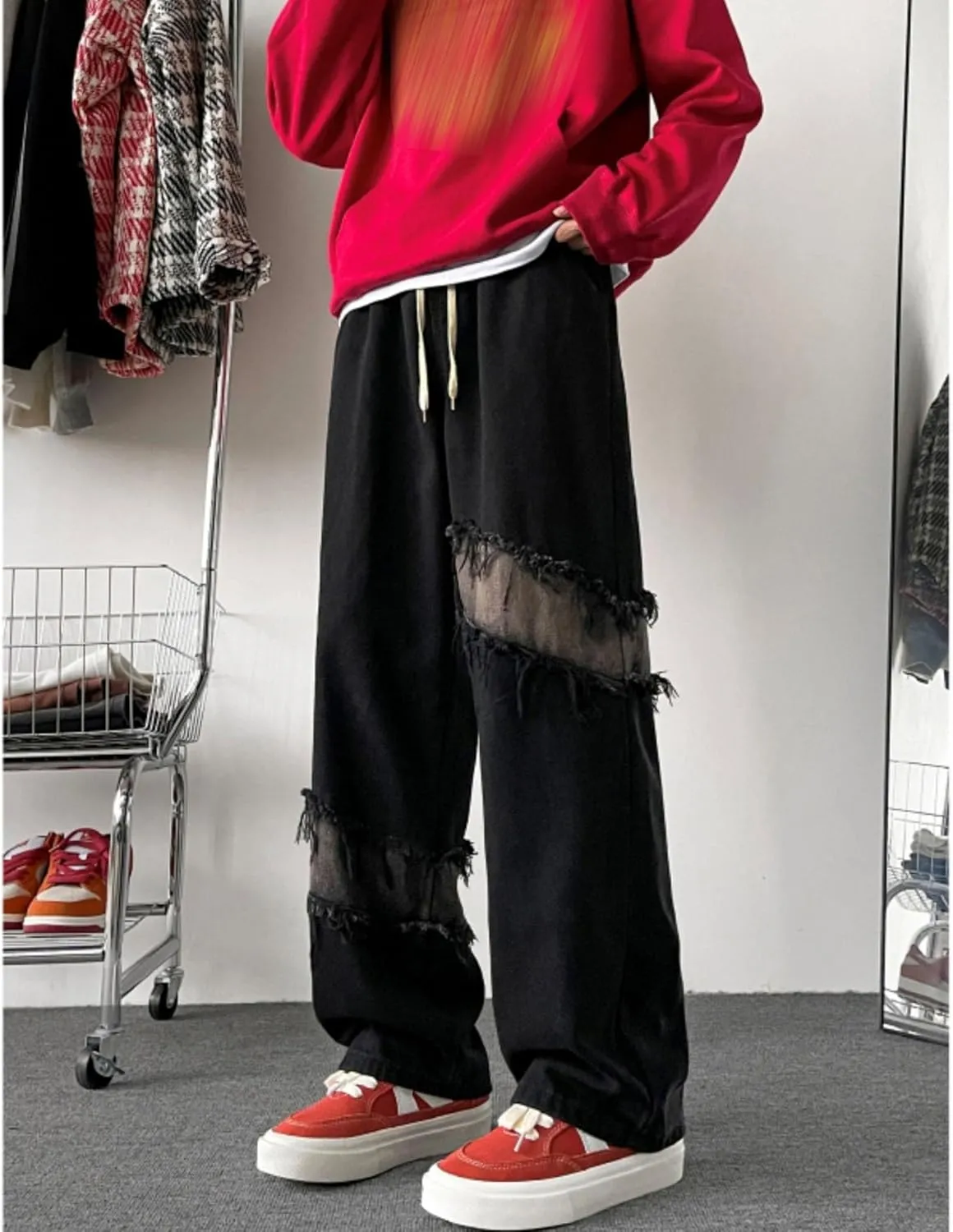 Men Vintage Baggy Jeans with Multiple Pockets Casual Hip Hop Straight Leg Jeans Fashion Cargo Distressed Loose Jean