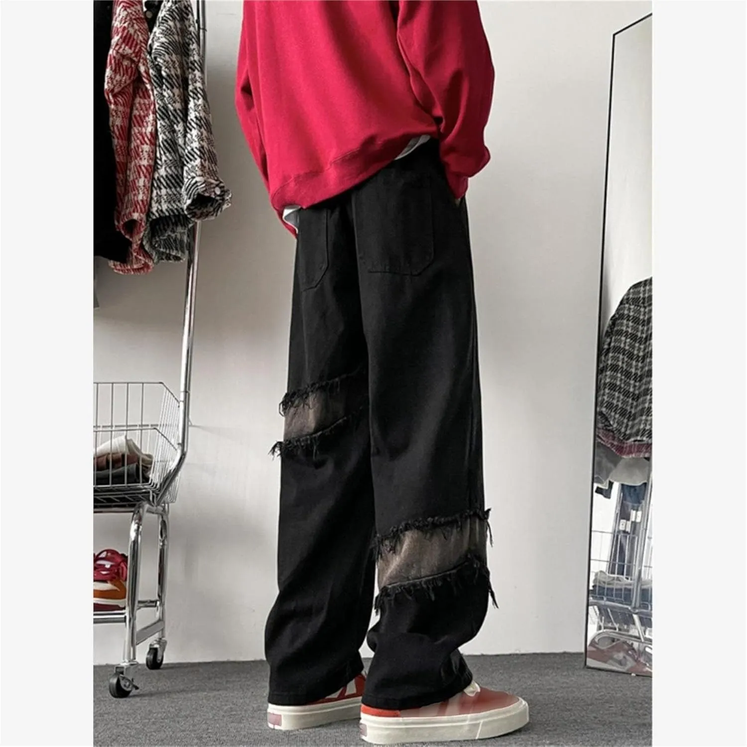 Men Vintage Baggy Jeans with Multiple Pockets Casual Hip Hop Straight Leg Jeans Fashion Cargo Distressed Loose Jean