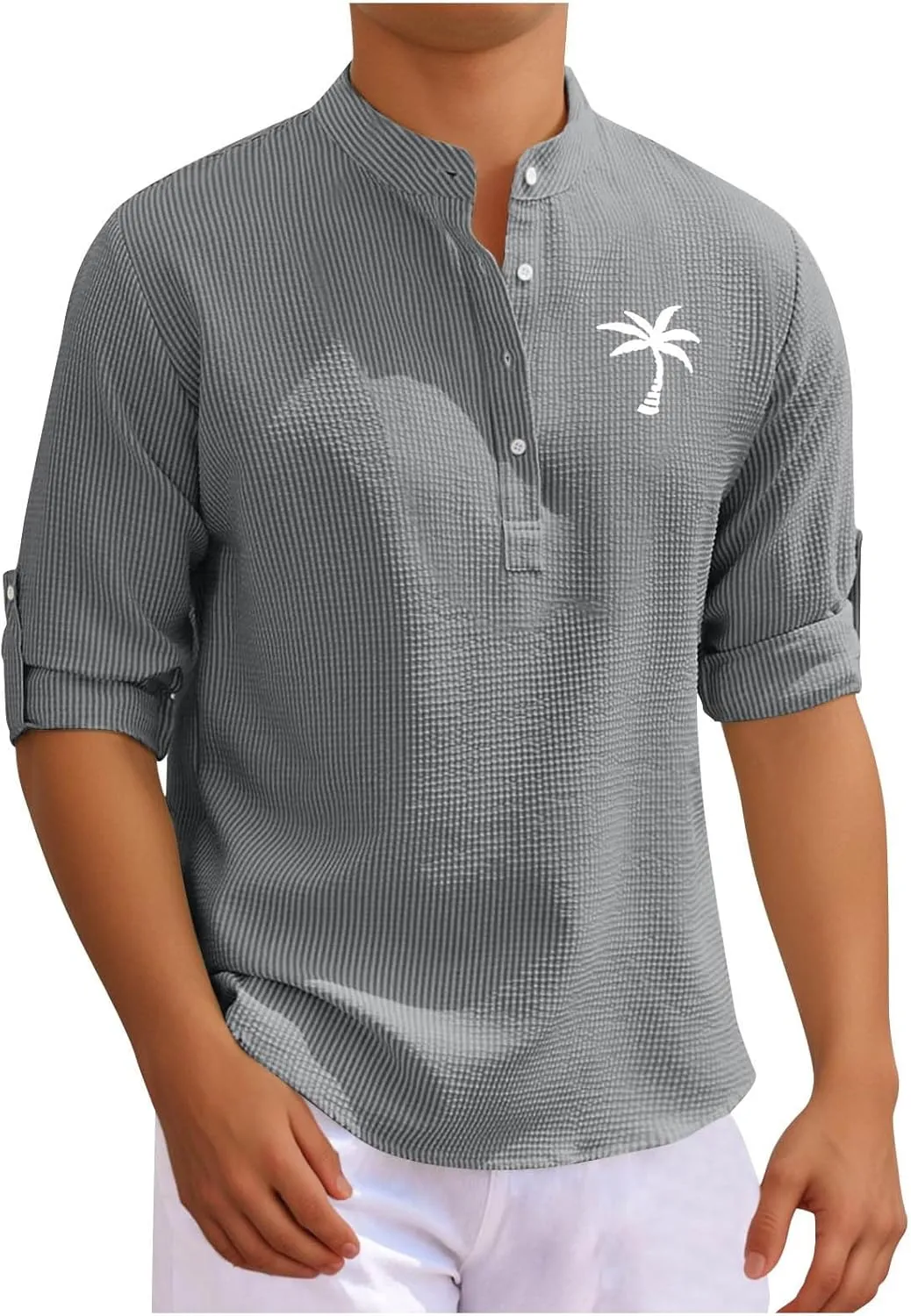 Mens 3/4 Sleeve Shirts Mock Turtleneck Coconut Tree Print Summer Henley Shirt Casual Waffle Roll Up Sleeve Beach Tops