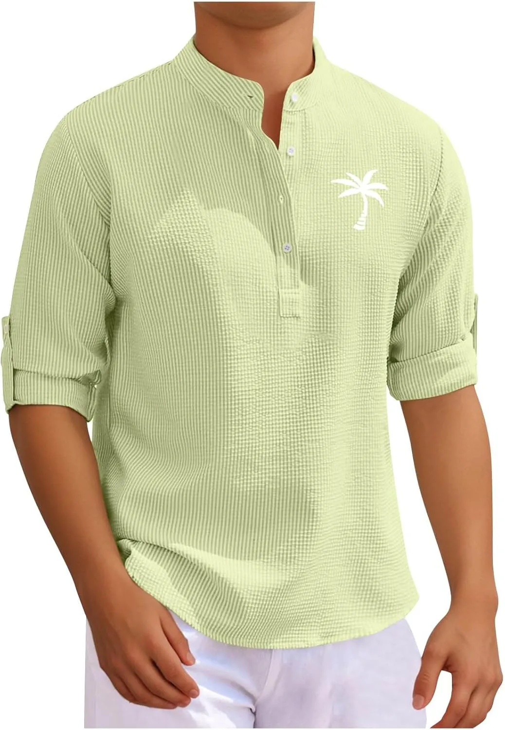 Mens 3/4 Sleeve Shirts Mock Turtleneck Coconut Tree Print Summer Henley Shirt Casual Waffle Roll Up Sleeve Beach Tops